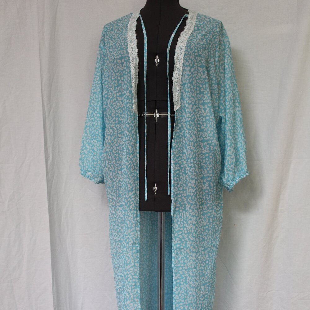 NWT Jen & Co Blue Sheer Floral Coverup Nightgown with Lace Tie Neck